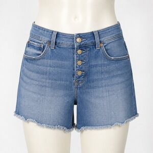 Time and Tru Denim Jean Shorts Size 12 Blue Button Fly Frayed Cut off Stretch